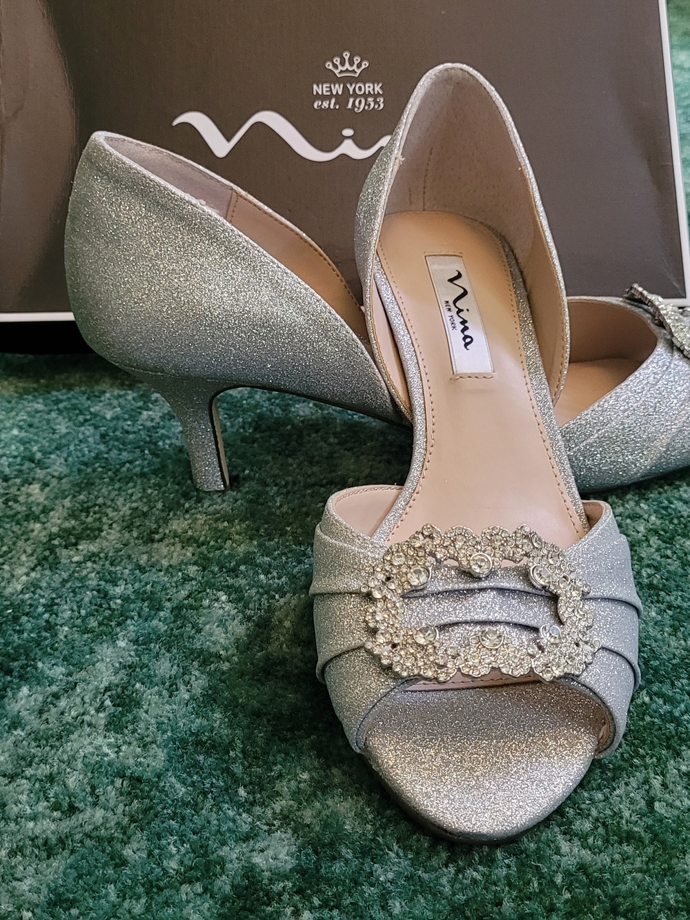 NEW Silver Glitter Corrine Heels with Crystal Buckle